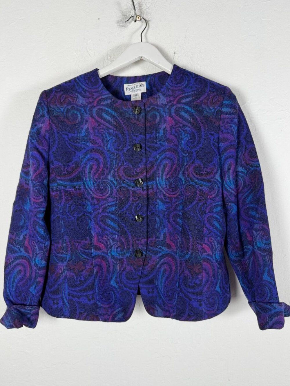 Pendleton Womens Sz 12 Petite Purple Blue Paisley Wool Blazer Jacket Vintage USA